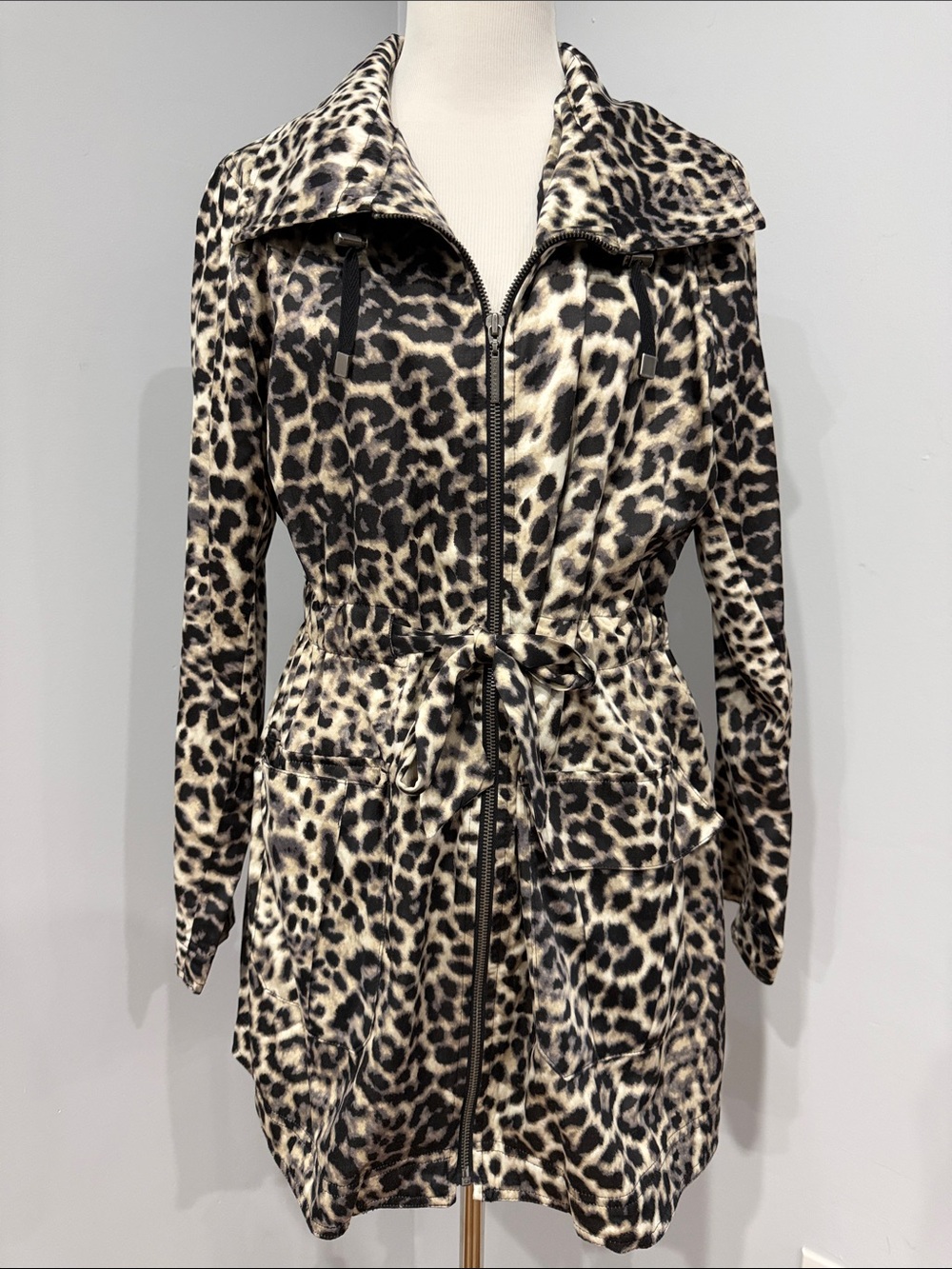 Dana Buchman Black and Cream Leopard Print Trench Coat